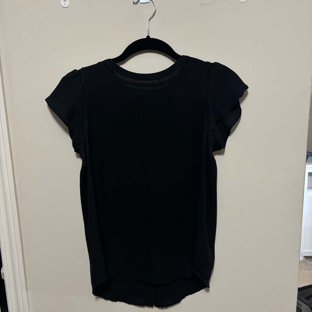 LOFT Petites Black Flutter Sleeve Embroidered Lace Trim Button Down Blouse